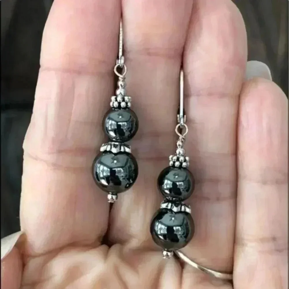 Beautiful Hematite Sterling Silver Lever Back Drop Earrings NWT